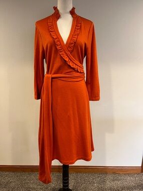 Banana Republic rust Orange wool Ruffle fake Wrap Midi Dress size large